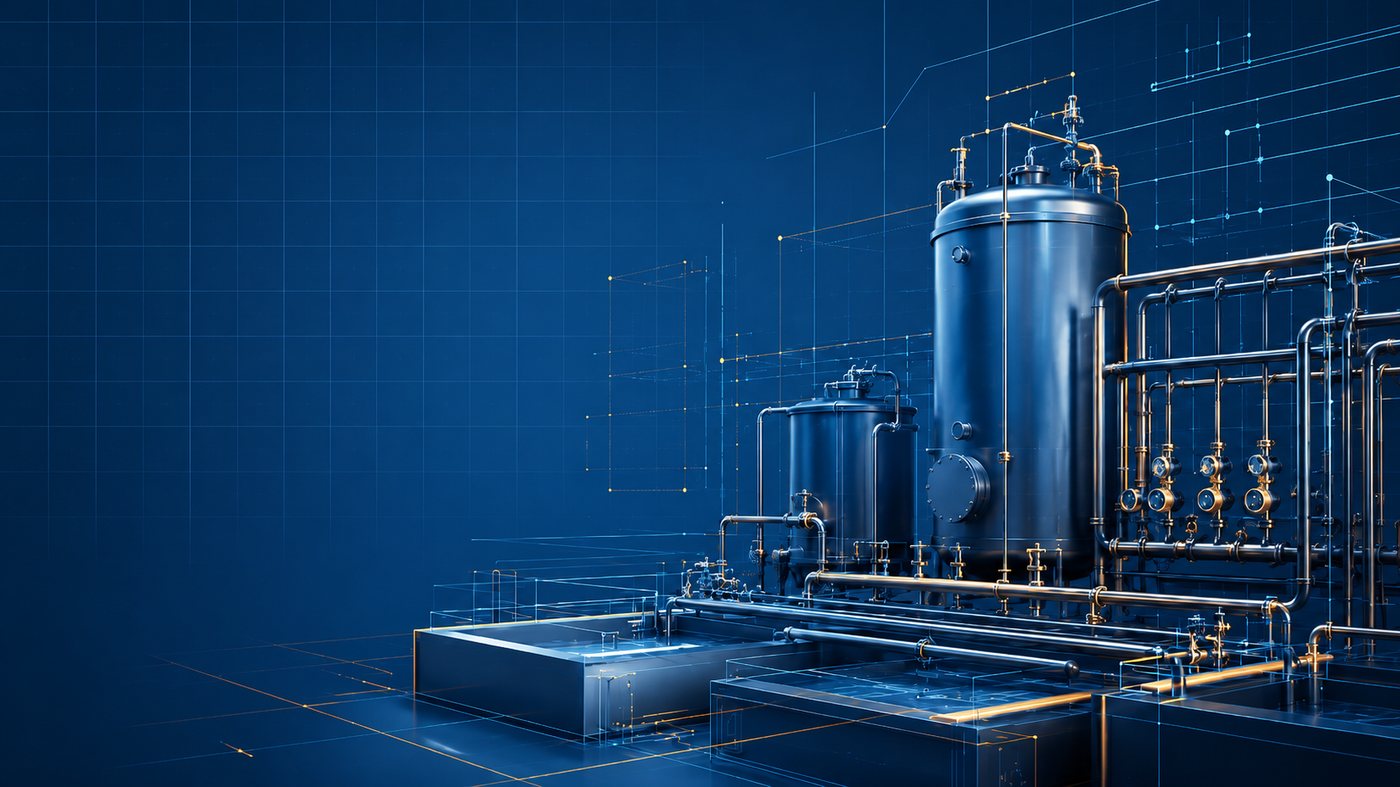 Technische Illustration von Industrieanlagen im Blueprint-Stil
